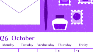 2026年10月縦型日曜始まり 手紙イラストのおしゃれA4無料パープルのカレンダー(2026-01021010)