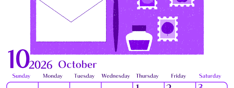 2026年10月縦型日曜始まり 手紙イラストのおしゃれA4無料パープルのカレンダー(2026-01021010)