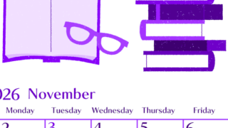 2026年11月縦型日曜始まり 読書イラストのおしゃれA4無料パープルのカレンダー(2026-01021110)