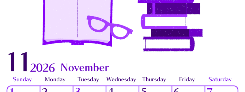 2026年11月縦型日曜始まり 読書イラストのおしゃれA4無料パープルのカレンダー(2026-01021110)