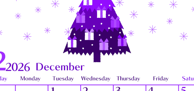 2026年12月縦型日曜始まり クリスマスツリーイラストのおしゃれA4無料パープルのカレンダー(2026-01021210)