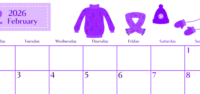 2026年2月横型月曜始まり イラストのおしゃれA4無料パープルのカレンダー(2026-01020201)