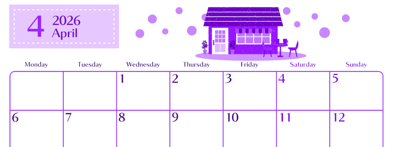 2026年4月横型月曜始まり 新生活イラストのおしゃれA4無料パープルのカレンダー(2026-01020401)