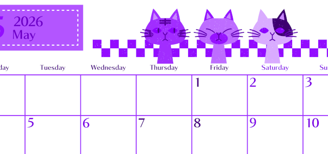 2026年5月横型月曜始まり 猫たちイラストのおしゃれA4無料パープルのカレンダー(2026-01020501)
