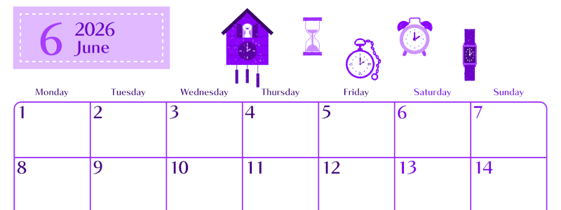 2026年6月横型月曜始まり 時計イラストのおしゃれA4無料パープルのカレンダー(2026-01020601)