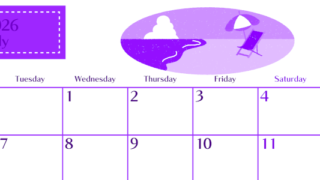 2026年7月横型月曜始まり  バカンスイラストのおしゃれA4無料パープルのカレンダー(2026-01020701)