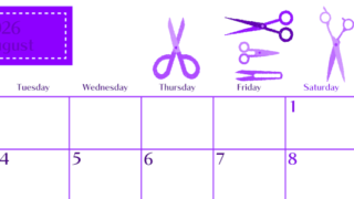 2026年8月横型月曜始まり ハサミイラストのおしゃれA4無料パープルのカレンダー(2026-01020801)