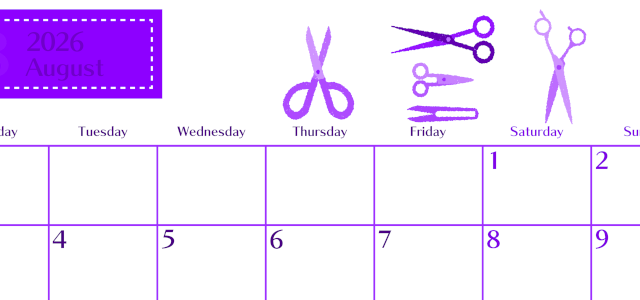 2026年8月横型月曜始まり ハサミイラストのおしゃれA4無料パープルのカレンダー(2026-01020801)