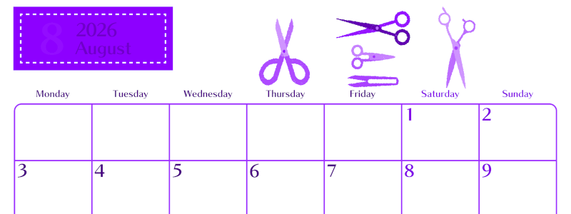 2026年8月横型月曜始まり ハサミイラストのおしゃれA4無料パープルのカレンダー(2026-01020801)