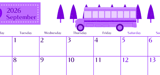 2026年9月横型月曜始まり バスイラストのおしゃれA4無料パープルのカレンダー(2026-01020901)