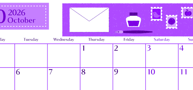 2026年10月横型月曜始まり 手紙イラストのおしゃれA4無料パープルのカレンダー(2026-01021001)