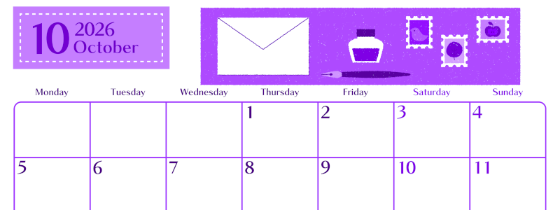 2026年10月横型月曜始まり 手紙イラストのおしゃれA4無料パープルのカレンダー(2026-01021001)