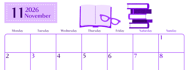 2026年11月横型月曜始まり 読書イラストのおしゃれA4無料パープルのカレンダー(2026-01021101)