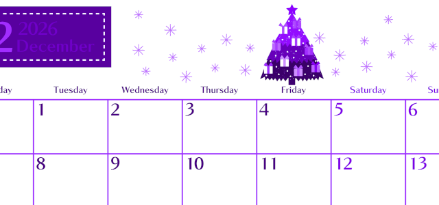 2026年12月横型月曜始まり クリスマスツリーイラストのおしゃれA4無料パープルのカレンダー(2026-01021201)