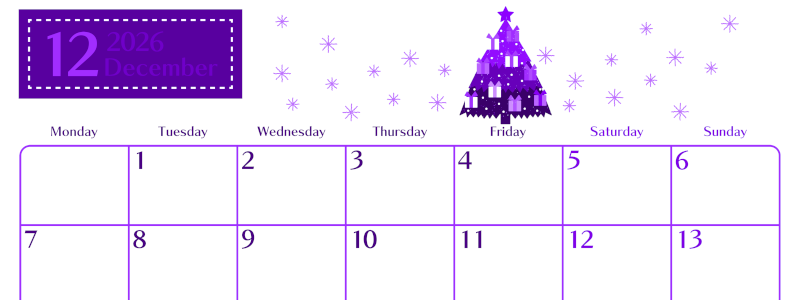 2026年12月横型月曜始まり クリスマスツリーイラストのおしゃれA4無料パープルのカレンダー(2026-01021201)