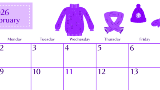 2026年2月横型日曜始まり イラストのおしゃれA4無料パープルのカレンダー(2026-01020200)