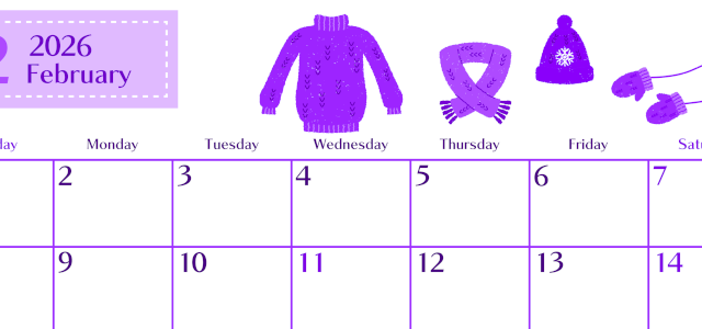 2026年2月横型日曜始まり イラストのおしゃれA4無料パープルのカレンダー(2026-01020200)