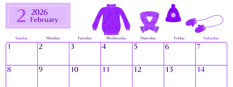 2026年2月横型日曜始まり イラストのおしゃれA4無料パープルのカレンダー(2026-01020200)