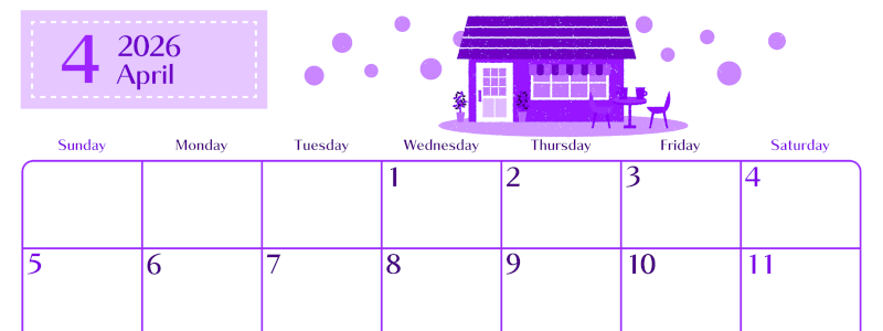 2026年4月横型日曜始まり 新生活イラストのおしゃれA4無料パープルのカレンダー(2026-01020400)