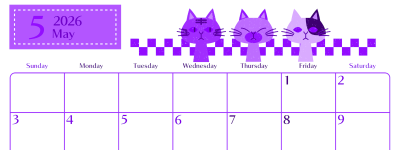 2026年5月横型日曜始まり 猫たちイラストのおしゃれA4無料パープルのカレンダー(2026-01020500)