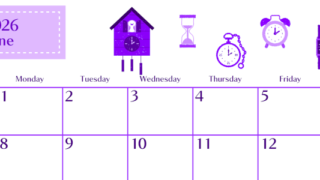2026年6月横型日曜始まり 時計イラストのおしゃれA4無料パープルのカレンダー(2026-01020600)