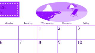 2026年7月横型日曜始まり バカンスイラストのおしゃれA4無料パープルのカレンダー(2026-01020700)