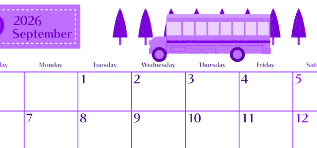 2026年9月横型日曜始まり バスイラストのおしゃれA4無料パープルのカレンダー(2026-01020900)