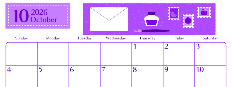 2026年10月横型日曜始まり 手紙イラストのおしゃれA4無料パープルのカレンダー(2026-01021000)