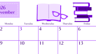 2026年11月横型日曜始まり 読書イラストのおしゃれA4無料パープルのカレンダー(2026-01021100)