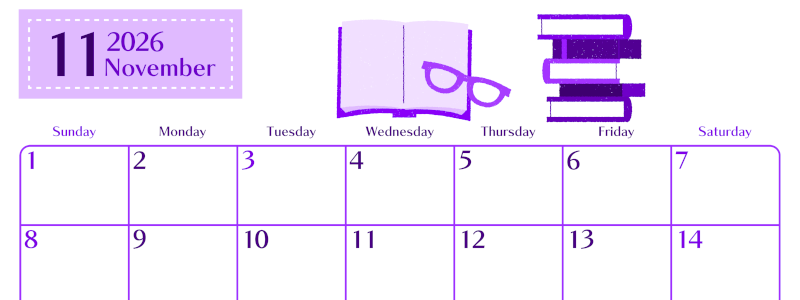 2026年11月横型日曜始まり 読書イラストのおしゃれA4無料パープルのカレンダー(2026-01021100)