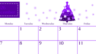 2026年12月横型日曜始まり クリスマスツリーイラストのおしゃれA4無料パープルのカレンダー(2026-01021200)