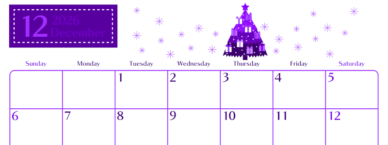 2026年12月横型日曜始まり クリスマスツリーイラストのおしゃれA4無料パープルのカレンダー(2026-01021200)