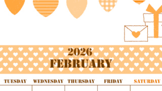 2026年2月縦型月曜始まり ラブレターイラストのかわいいA4無料オレンジのカレンダー(2026-01030211)