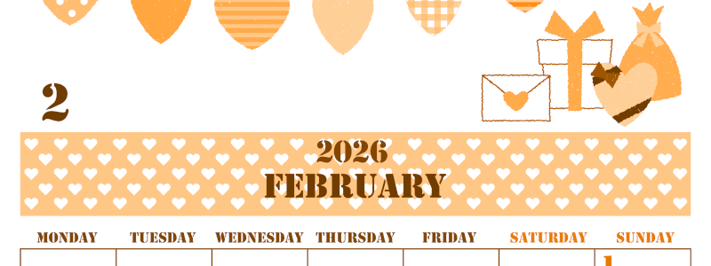 2026年2月縦型月曜始まり ラブレターイラストのかわいいA4無料オレンジのカレンダー(2026-01030211)