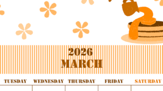 2026年3月縦型月曜始まり パンケーキイラストのかわいいA4無料オレンジのカレンダー(2026-01030311)