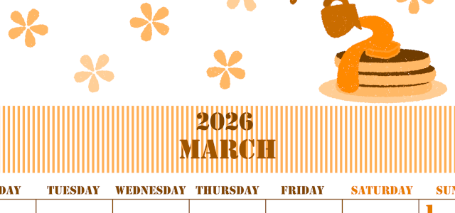 2026年3月縦型月曜始まり パンケーキイラストのかわいいA4無料オレンジのカレンダー(2026-01030311)