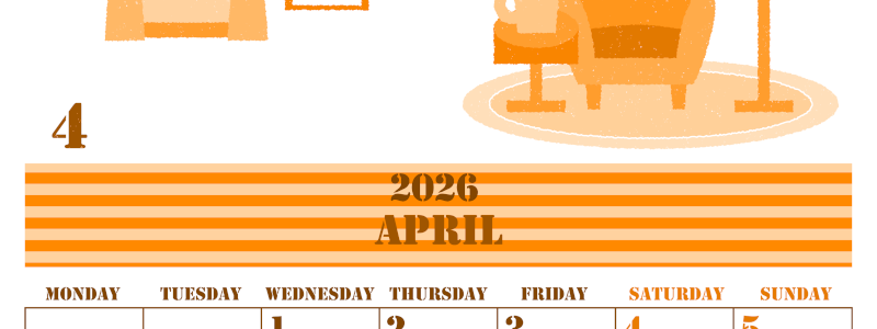 2026年4月縦型月曜始まり 新生活イラストのかわいいA4無料オレンジのカレンダー(2026-01030411)