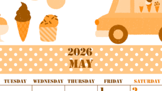 2026年5月縦型月曜始まり アイスクリームのイラストがかわいいA4無料オレンジのカレンダー(2026-01030511)