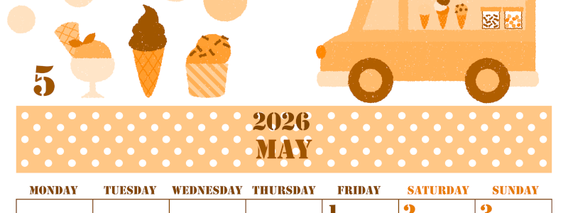 2026年5月縦型月曜始まり アイスクリームのイラストがかわいいA4無料オレンジのカレンダー(2026-01030511)