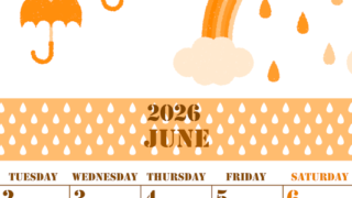 2026年6月縦型月曜始まり 虹イラストのかわいいA4無料オレンジのカレンダー(2026-01030611)