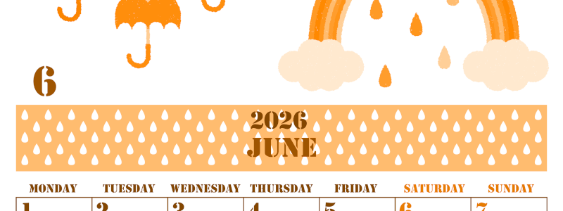 2026年6月縦型月曜始まり 虹イラストのかわいいA4無料オレンジのカレンダー(2026-01030611)