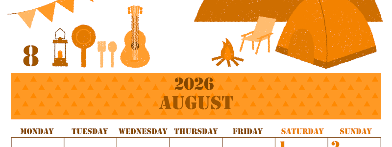 2026年8月縦型月曜始まり 夏休みイラストのかわいいA4無料オレンジのカレンダー(2026-01030811)