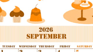 2026年9月縦型月曜始まり 食欲の秋イラストのかわいいA4無料オレンジのカレンダー(2026-01030911)
