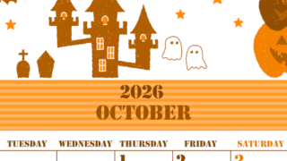 2026年10月縦型月曜始まり ハロウィンイラストがかわいいA4無料オレンジのカレンダー(2026-01031011)
