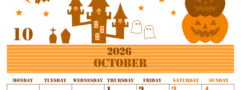 2026年10月縦型月曜始まり ハロウィンイラストがかわいいA4無料オレンジのカレンダー(2026-01031011)
