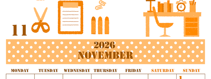 2026年11月縦型月曜始まり 文房具イラストのかわいいA4無料オレンジのカレンダー(2026-01031111)