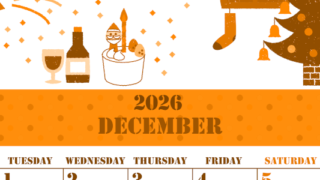 2026年12月縦型月曜始まり パーティーのイラストがかわいいA4無料オレンジのカレンダー(2026-01031211)