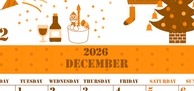 2026年12月縦型月曜始まり パーティーのイラストがかわいいA4無料オレンジのカレンダー(2026-01031211)