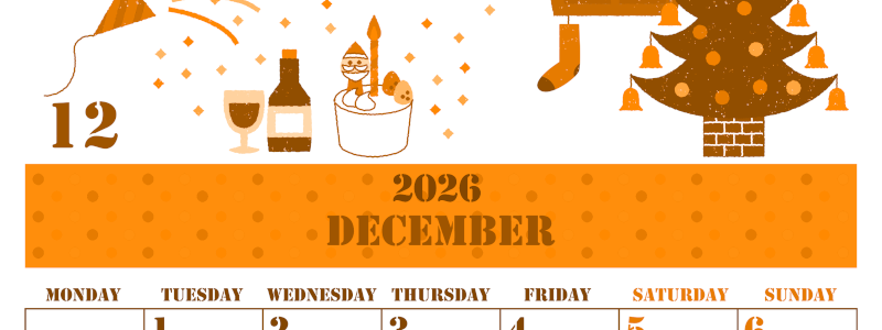 2026年12月縦型月曜始まり パーティーのイラストがかわいいA4無料オレンジのカレンダー(2026-01031211)