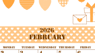 2026年2月縦型日曜始まり ラブレターイラストのかわいいA4無料オレンジのカレンダー(2026-01030210)